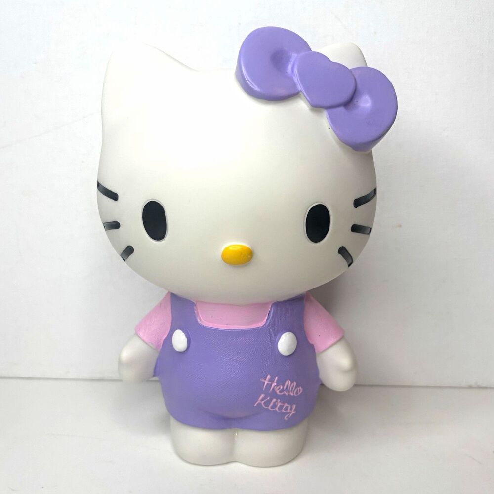 Hello Kitty Plastic Piggy Coin Bank Figure, Pink Purple Outfit with Bow EUC